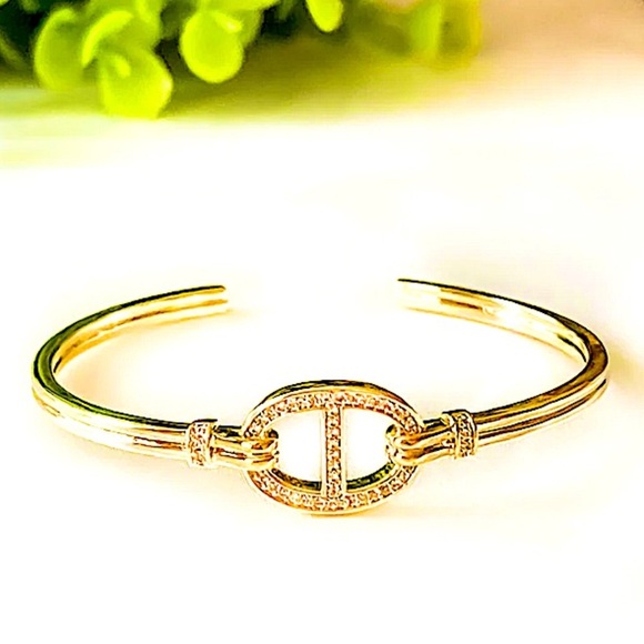 Gold Plated Mariner Coffee Bean Zircon Bangle Cuff Bracelet - Picture 6 of 7